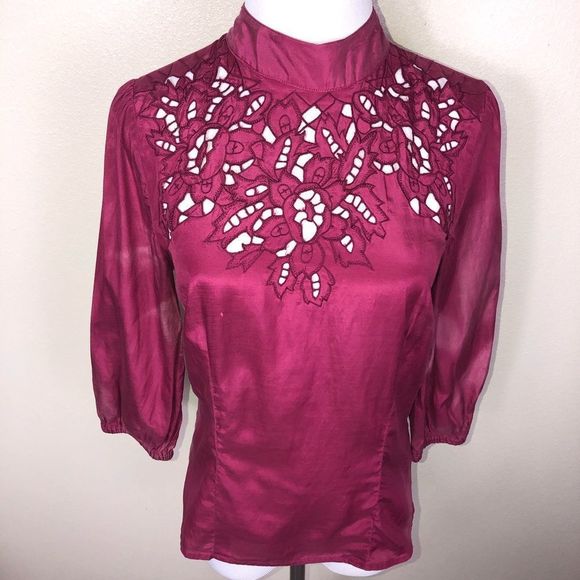 🛍 4/$20 ASOS Fuchsia Pink Embroidered Eyelet Mock-neck Top - Picture 3 of 8